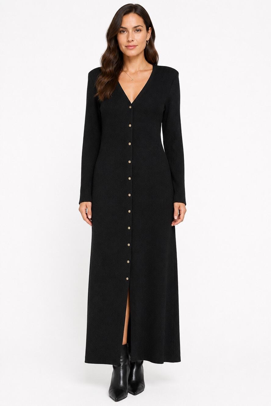 1990s Carole Little Black Ribbed Metal Button Maxi Dress Women’s M/L